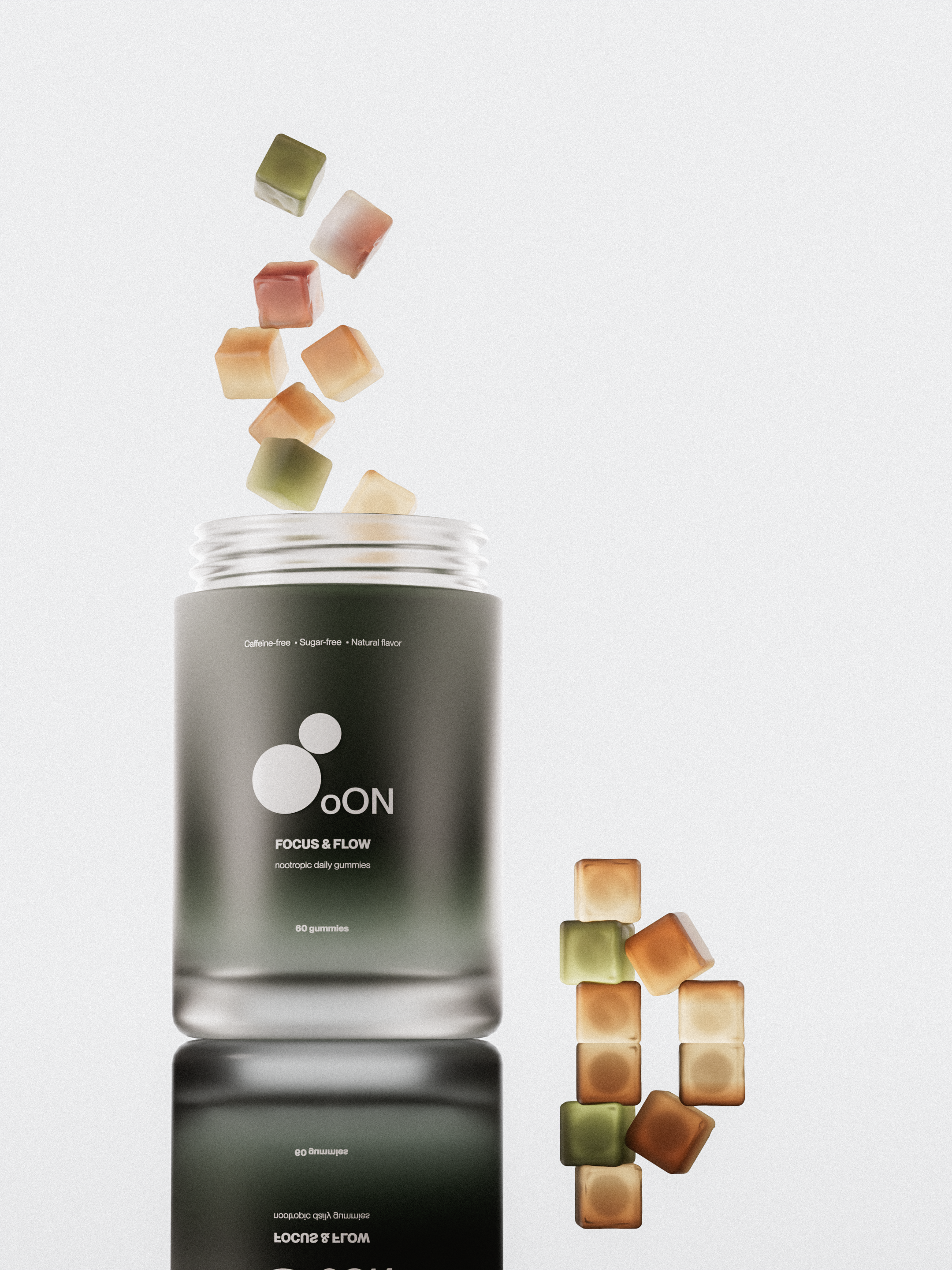 High-end 3D render of a frosted ‘oON Focus & Flow’ supplement jar with soft-colored cube gummies floating above and beside it