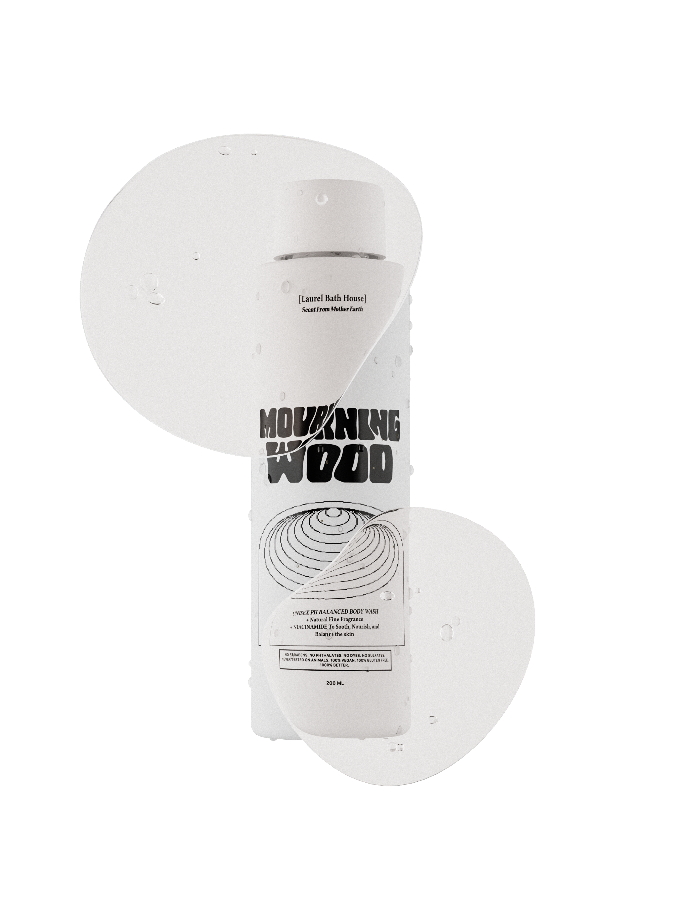 High-end 3D render of a white cylindrical body wash bottle labeled ‘Mourning Wood,’ surrounded by translucent water splashes.