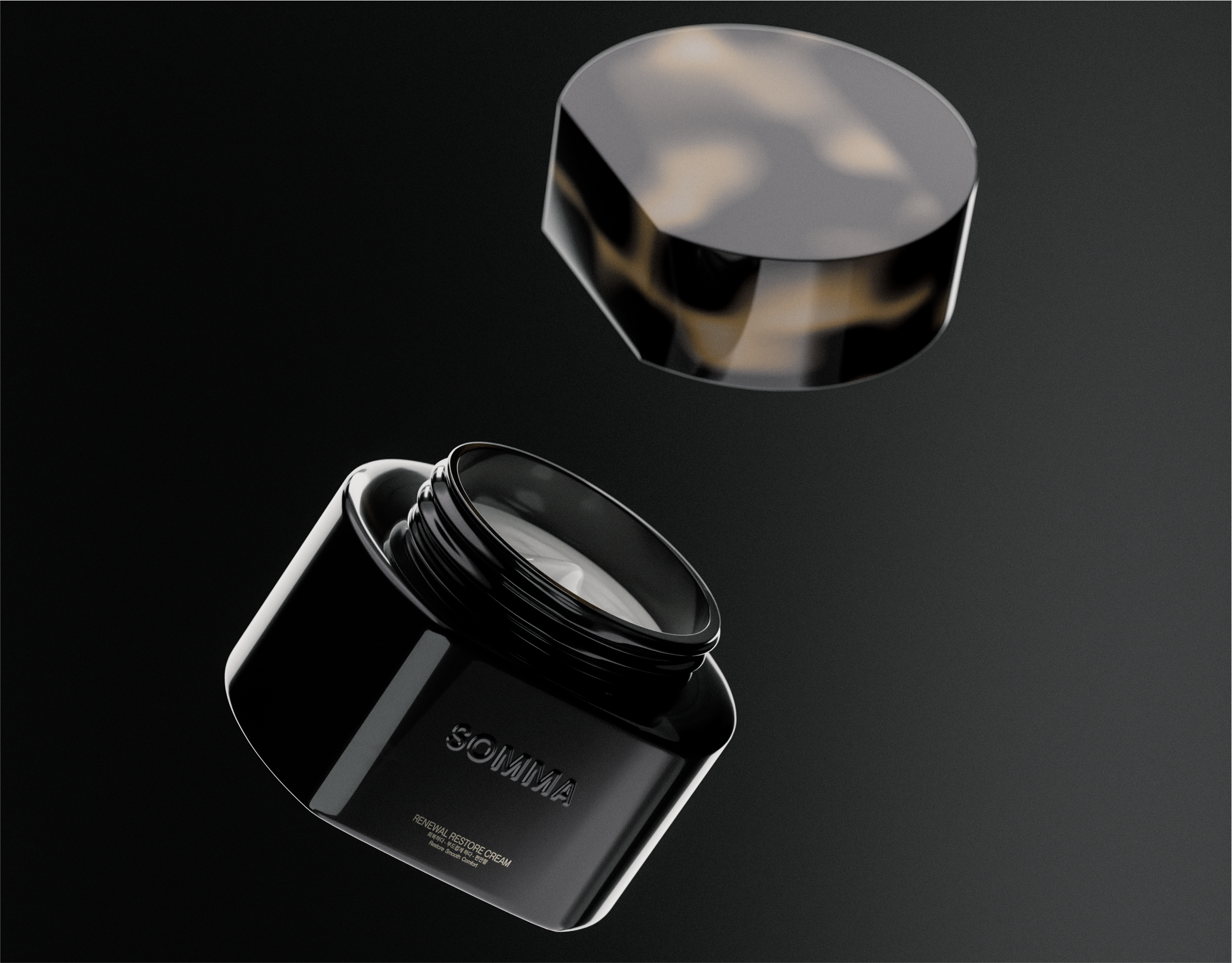 Photorealistic 3D render of a black cosmetic cream jar with a detached marbled lid.